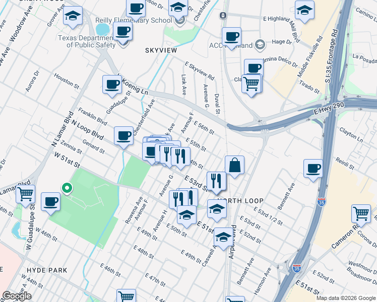 map of restaurants, bars, coffee shops, grocery stores, and more near 5314 Avenue H in Austin