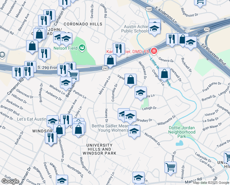 map of restaurants, bars, coffee shops, grocery stores, and more near 6807 Columbia Drive in Austin