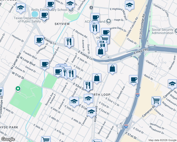 map of restaurants, bars, coffee shops, grocery stores, and more near 5517 Duval Street in Austin