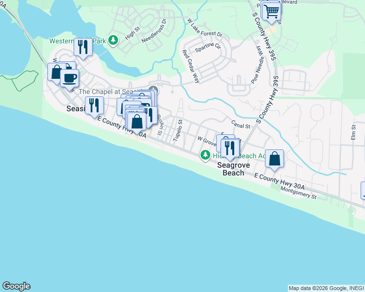 map of restaurants, bars, coffee shops, grocery stores, and more near 47A Tupelo Street in Santa Rosa Beach