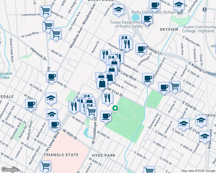 map of restaurants, bars, coffee shops, grocery stores, and more near 5101 North Lamar Boulevard in Austin