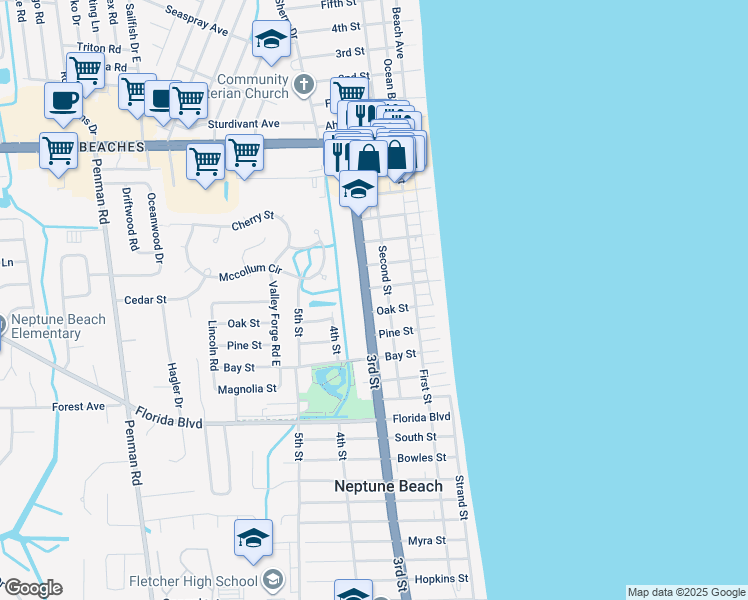 map of restaurants, bars, coffee shops, grocery stores, and more near 617 3rd Street in Neptune Beach