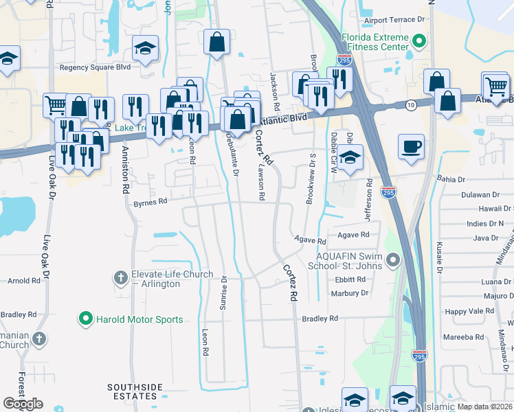 map of restaurants, bars, coffee shops, grocery stores, and more near 1774 Lawson Road in Jacksonville