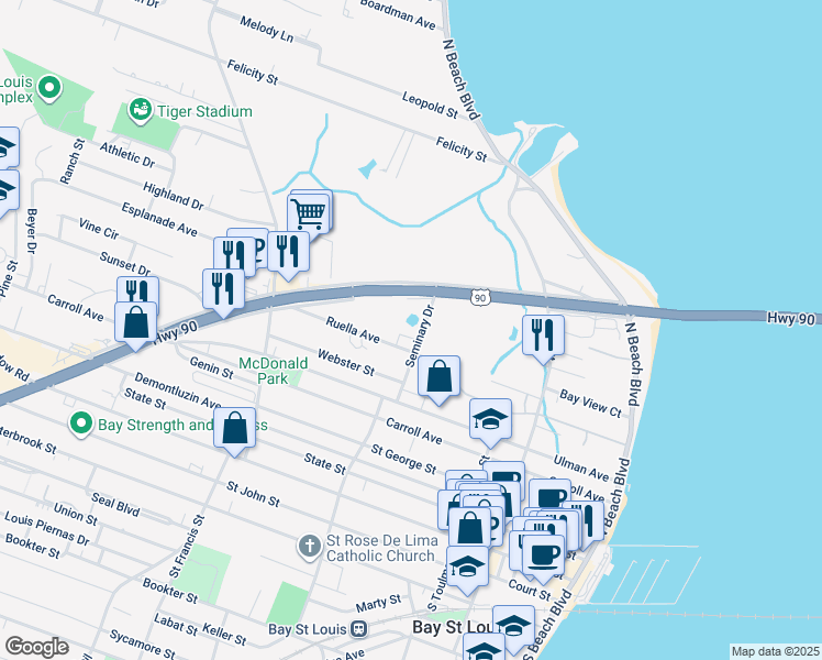 map of restaurants, bars, coffee shops, grocery stores, and more near 252 Hwy 90 in Bay St. Louis
