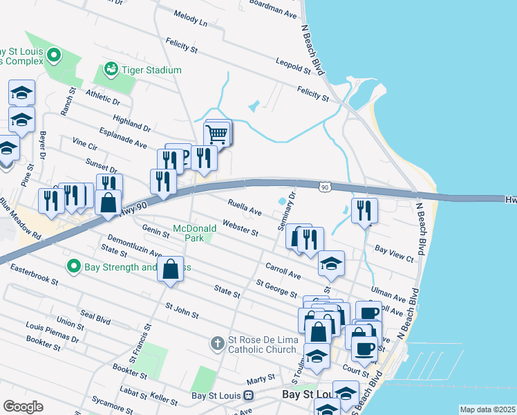 map of restaurants, bars, coffee shops, grocery stores, and more near 292 U.S. 90 in Bay St. Louis