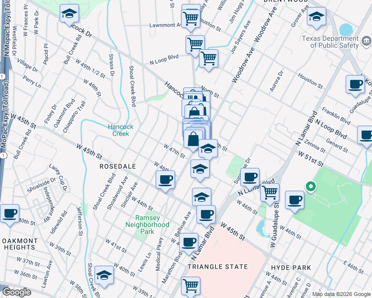 map of restaurants, bars, coffee shops, grocery stores, and more near 2117 West 49th Street in Austin