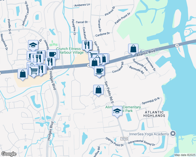 map of restaurants, bars, coffee shops, grocery stores, and more near 1650 San Pablo Road South in Jacksonville