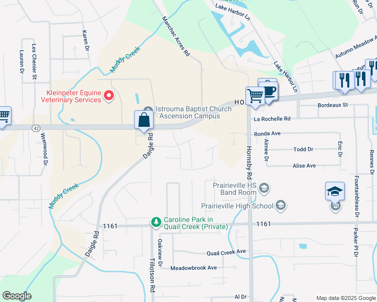 map of restaurants, bars, coffee shops, grocery stores, and more near 39353 Louisiana 42 in Prairieville