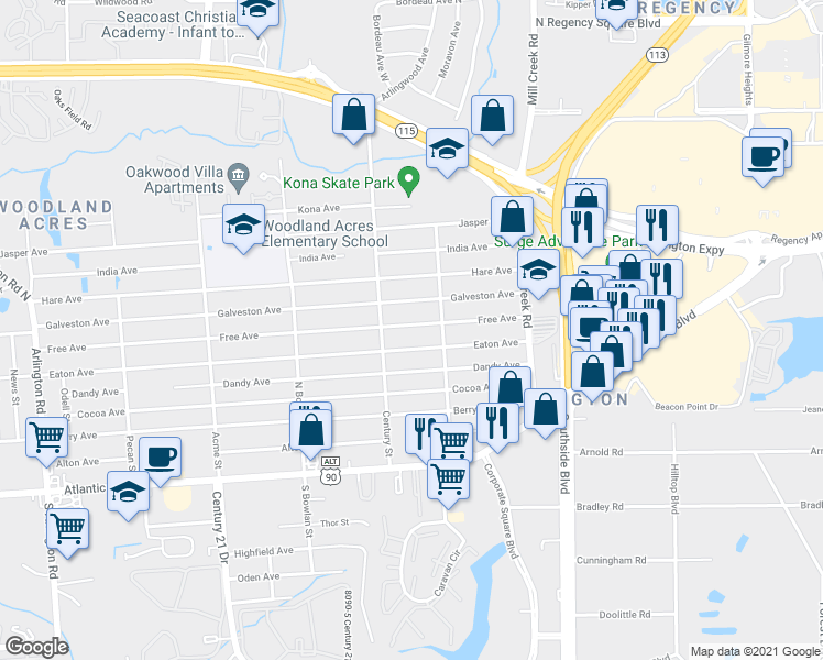 map of restaurants, bars, coffee shops, grocery stores, and more near 8748 Free Avenue in Jacksonville