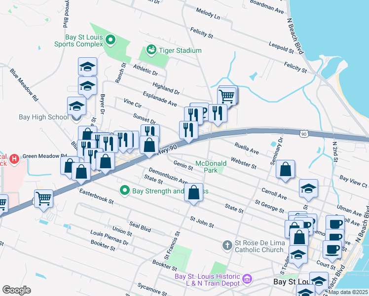 map of restaurants, bars, coffee shops, grocery stores, and more near 500 Sunset Drive in Bay St. Louis