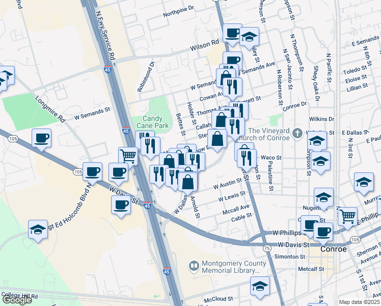 map of restaurants, bars, coffee shops, grocery stores, and more near 120 Oak Hollow Street in Conroe