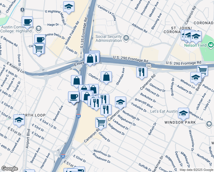 map of restaurants, bars, coffee shops, grocery stores, and more near 1071 Clayton Lane in Austin