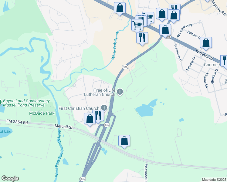 map of restaurants, bars, coffee shops, grocery stores, and more near 3021 North Loop 336 West in Conroe