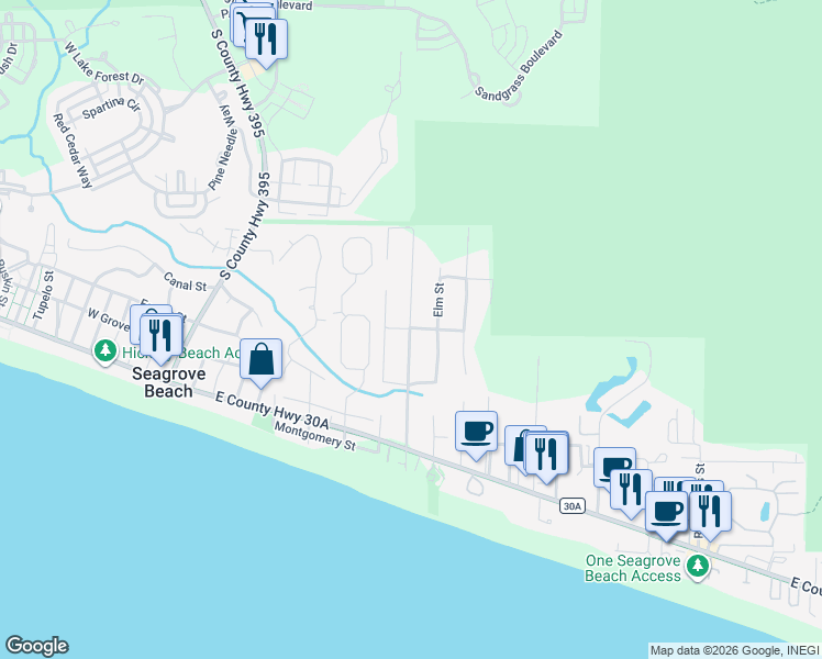 map of restaurants, bars, coffee shops, grocery stores, and more near 344 San Juan Avenue in Santa Rosa Beach