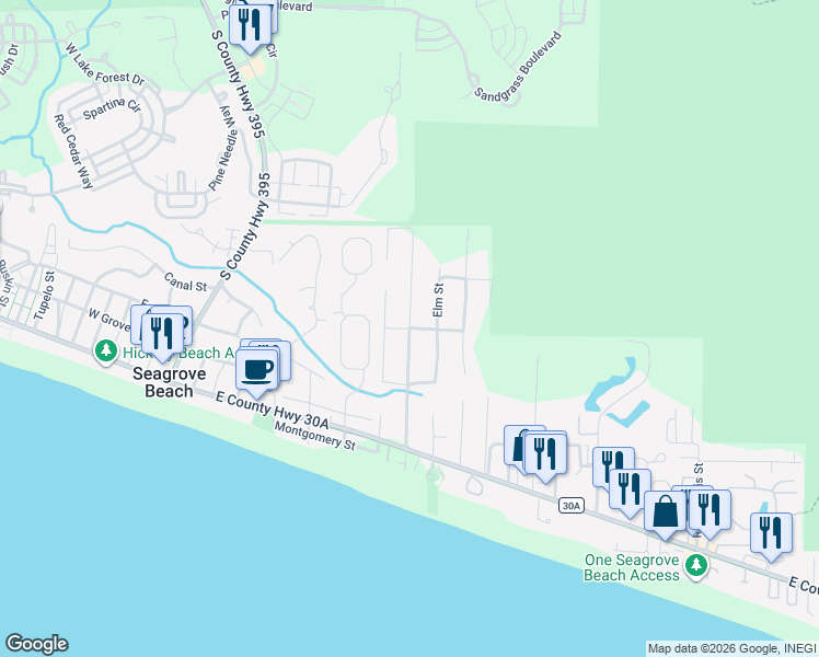 map of restaurants, bars, coffee shops, grocery stores, and more near 344 San Juan Avenue in Santa Rosa Beach