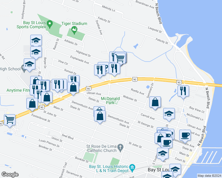 map of restaurants, bars, coffee shops, grocery stores, and more near 703 Dunbar Avenue in Bay St. Louis