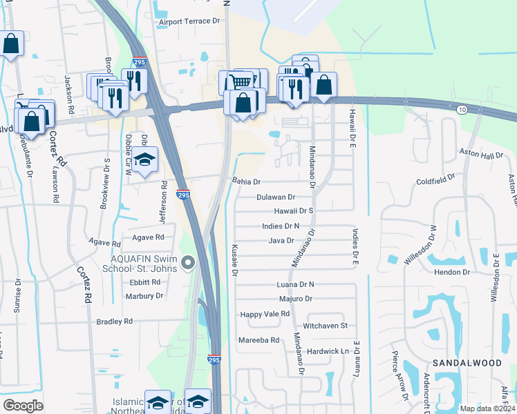map of restaurants, bars, coffee shops, grocery stores, and more near 10757 Hawaii Drive South in Jacksonville