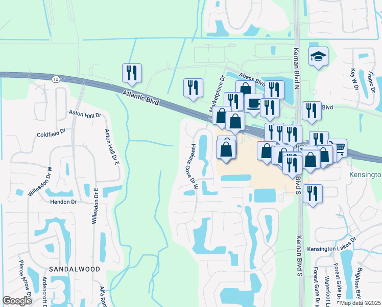 map of restaurants, bars, coffee shops, grocery stores, and more near 1661 Hawkins Cove Drive West in Jacksonville