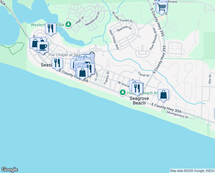 map of restaurants, bars, coffee shops, grocery stores, and more near 47A Tupelo Street in Santa Rosa Beach