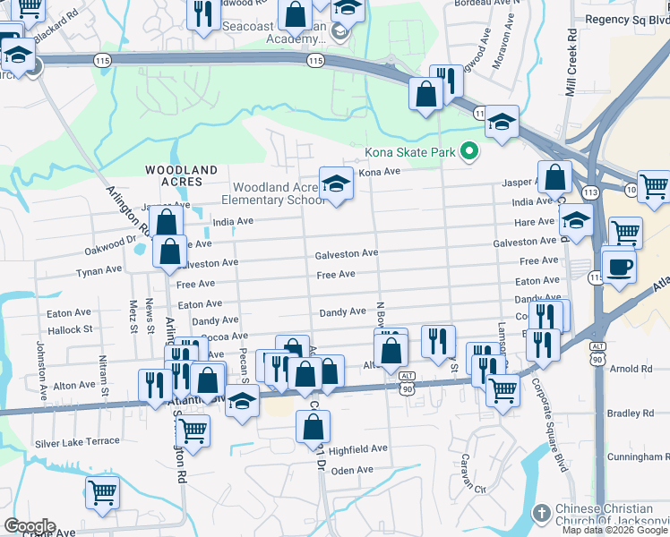 map of restaurants, bars, coffee shops, grocery stores, and more near 8157 Galveston Avenue in Jacksonville