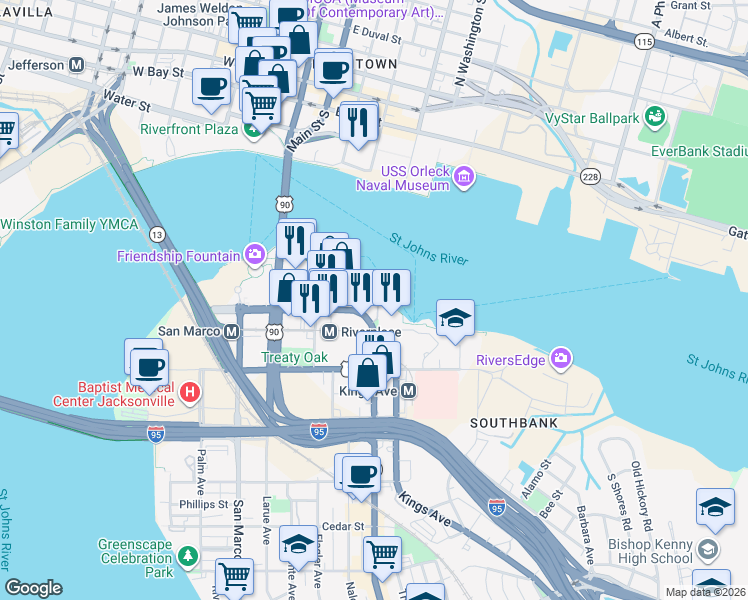 map of restaurants, bars, coffee shops, grocery stores, and more near 1431 Riverplace Boulevard in Jacksonville