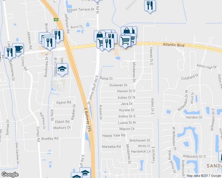 map of restaurants, bars, coffee shops, grocery stores, and more near 10787 Dulawan Drive in Jacksonville