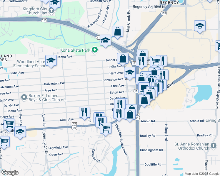 map of restaurants, bars, coffee shops, grocery stores, and more near 9051 Free Avenue in Jacksonville