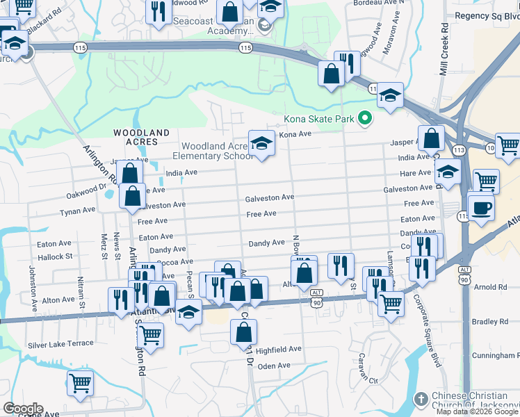 map of restaurants, bars, coffee shops, grocery stores, and more near 8157 Galveston Avenue in Jacksonville