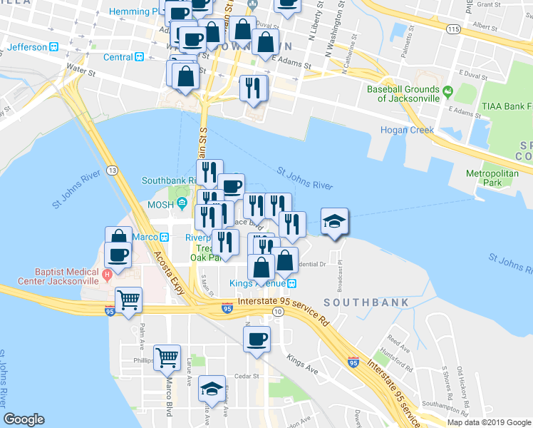 map of restaurants, bars, coffee shops, grocery stores, and more near 1431 Riverplace Boulevard in Jacksonville