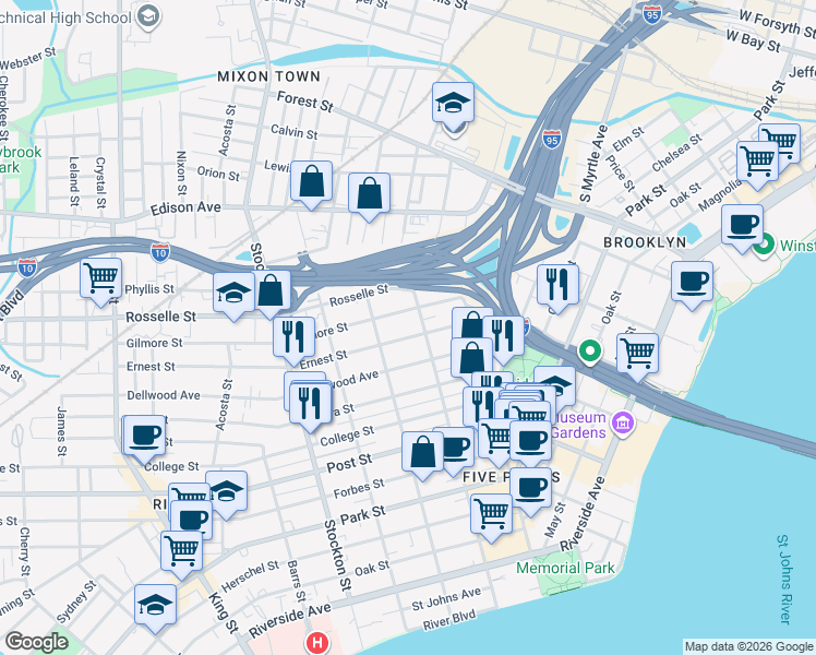 map of restaurants, bars, coffee shops, grocery stores, and more near in Jacksonville
