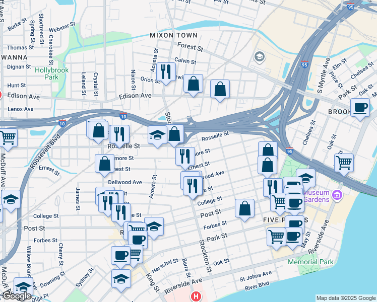 map of restaurants, bars, coffee shops, grocery stores, and more near 2342 Rosselle Street in Jacksonville