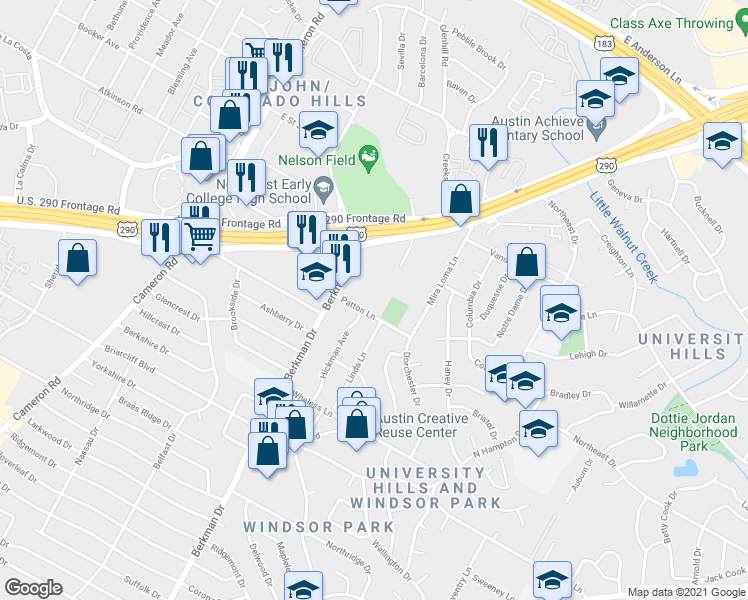 map of restaurants, bars, coffee shops, grocery stores, and more near 1714 Patton Lane in Austin