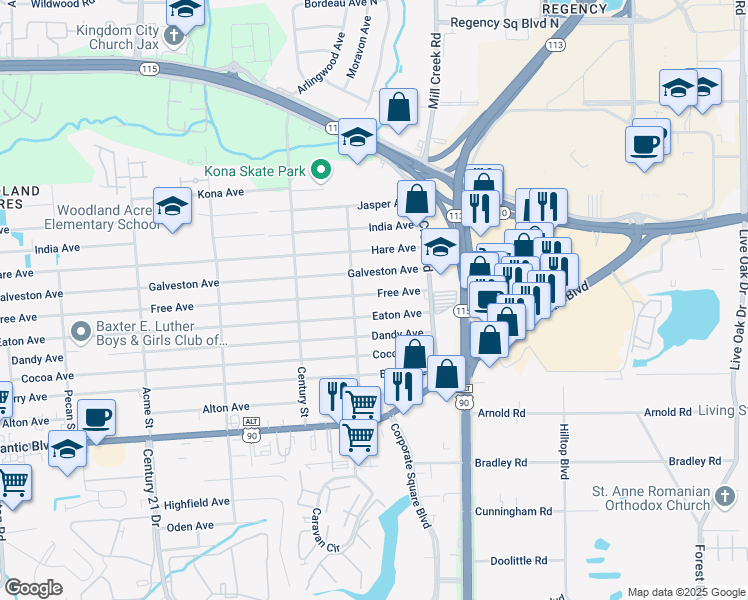 map of restaurants, bars, coffee shops, grocery stores, and more near 9051 Free Avenue in Jacksonville