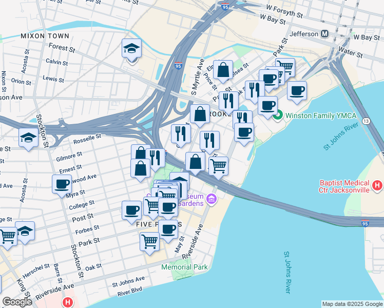 map of restaurants, bars, coffee shops, grocery stores, and more near 812 Rosselle Street in Jacksonville