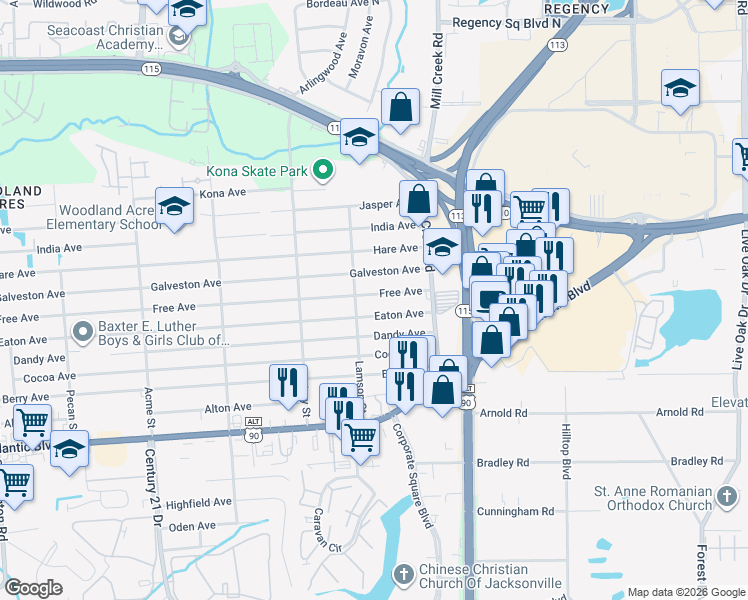 map of restaurants, bars, coffee shops, grocery stores, and more near 9051 Free Avenue in Jacksonville