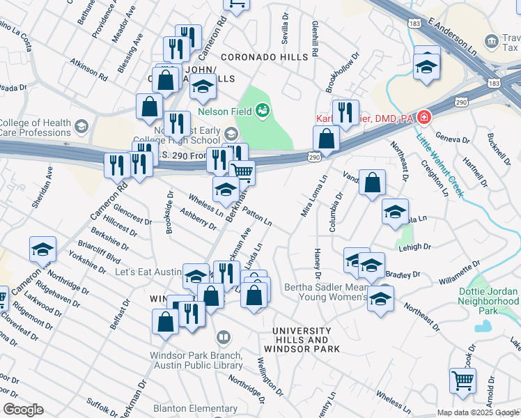 map of restaurants, bars, coffee shops, grocery stores, and more near 1714 Patton Lane in Austin