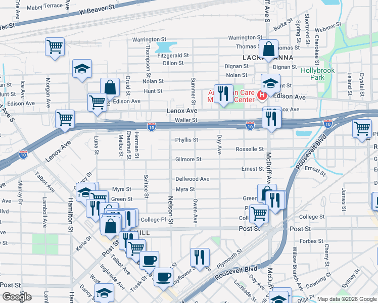 map of restaurants, bars, coffee shops, grocery stores, and more near 3312 Rosselle Street in Jacksonville