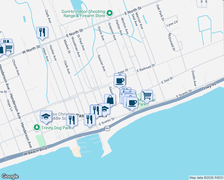 map of restaurants, bars, coffee shops, grocery stores, and more near 225-251 Handy Ln in Pass Christian