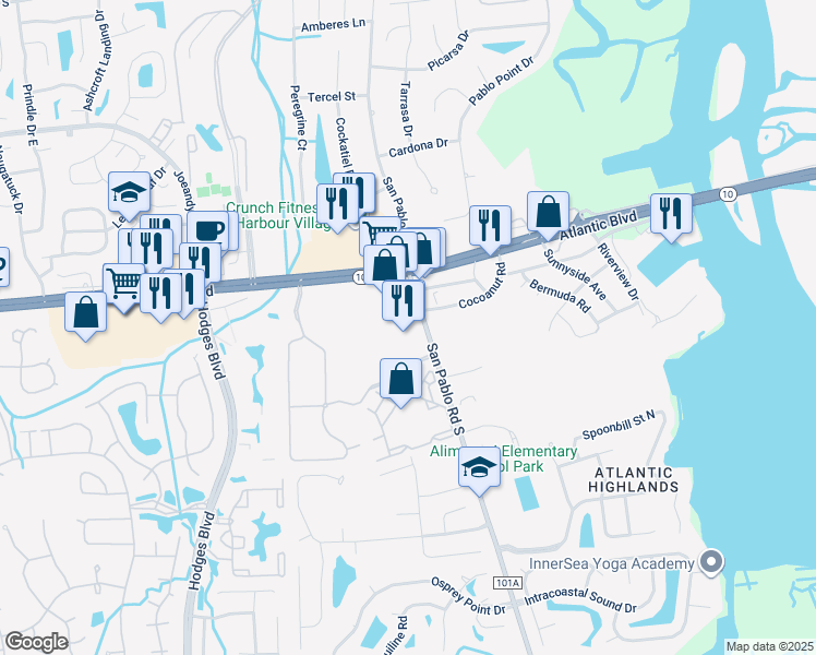 map of restaurants, bars, coffee shops, grocery stores, and more near 1650 San Pablo Road South in Jacksonville