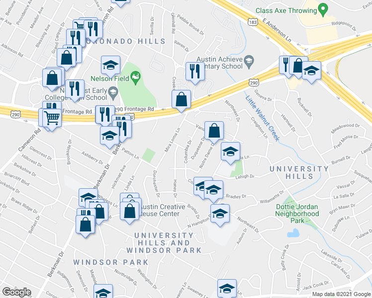 map of restaurants, bars, coffee shops, grocery stores, and more near Columbia Dr & Marquette Ln in Austin