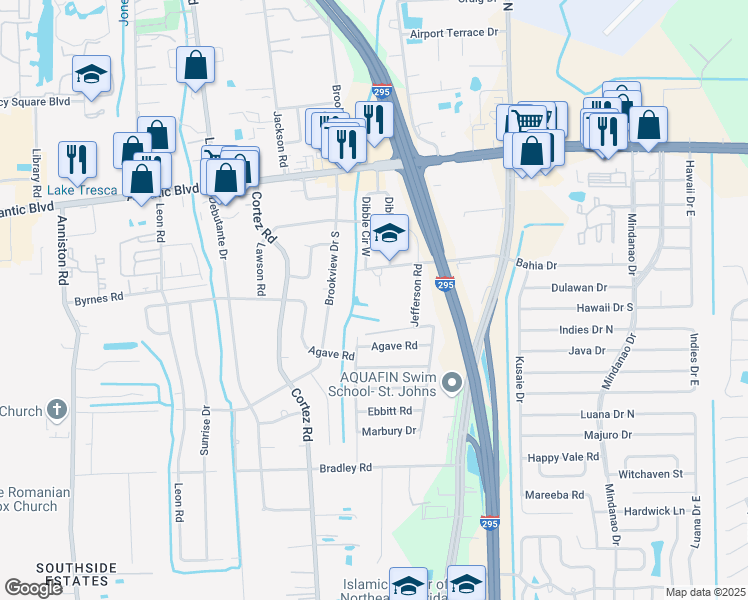 map of restaurants, bars, coffee shops, grocery stores, and more near 10450 Theresa Drive in Jacksonville