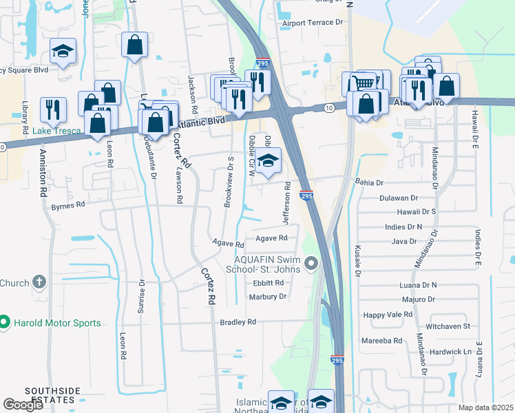 map of restaurants, bars, coffee shops, grocery stores, and more near 10450 Theresa Drive in Jacksonville