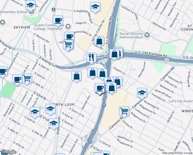 map of restaurants, bars, coffee shops, grocery stores, and more near 937 Reinli Street in Austin