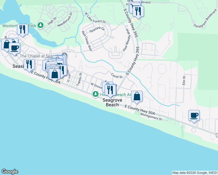 map of restaurants, bars, coffee shops, grocery stores, and more near 146 Live Oak Street in Santa Rosa Beach