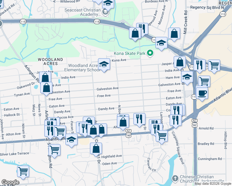 map of restaurants, bars, coffee shops, grocery stores, and more near 8326 Galveston Avenue in Jacksonville