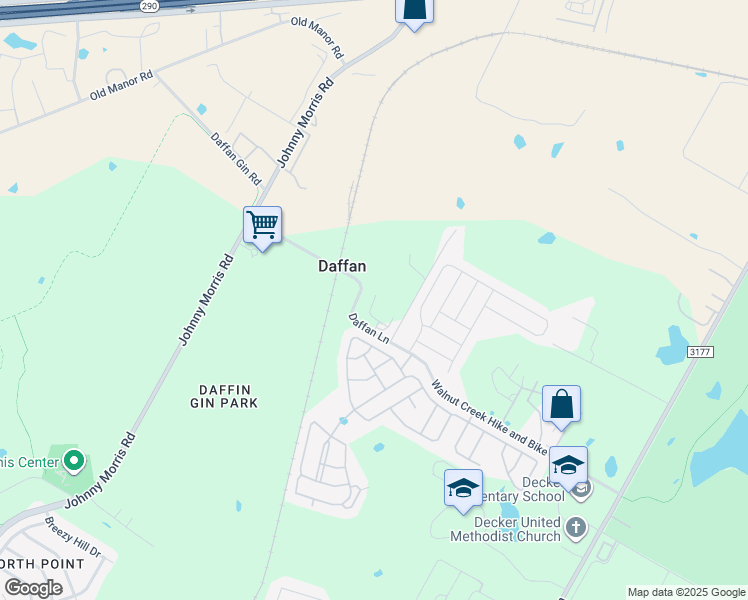 map of restaurants, bars, coffee shops, grocery stores, and more near 7400 Daffan Lane in Austin