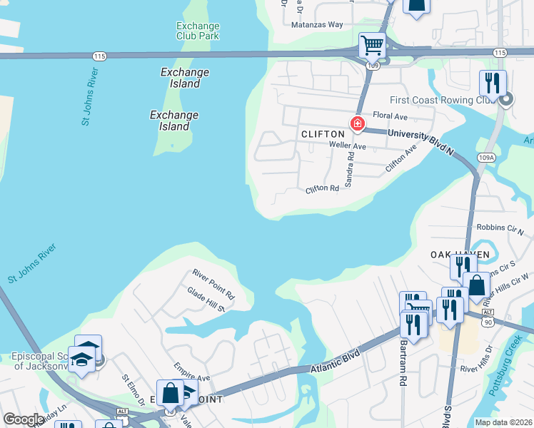 map of restaurants, bars, coffee shops, grocery stores, and more near 5302 Clifton Road in Jacksonville