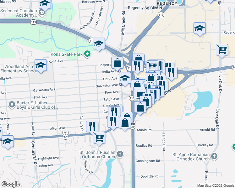 map of restaurants, bars, coffee shops, grocery stores, and more near 9121 Free Avenue in Jacksonville
