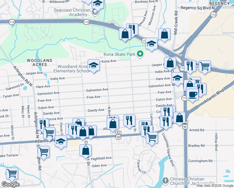 map of restaurants, bars, coffee shops, grocery stores, and more near 8442 Galveston Avenue in Jacksonville
