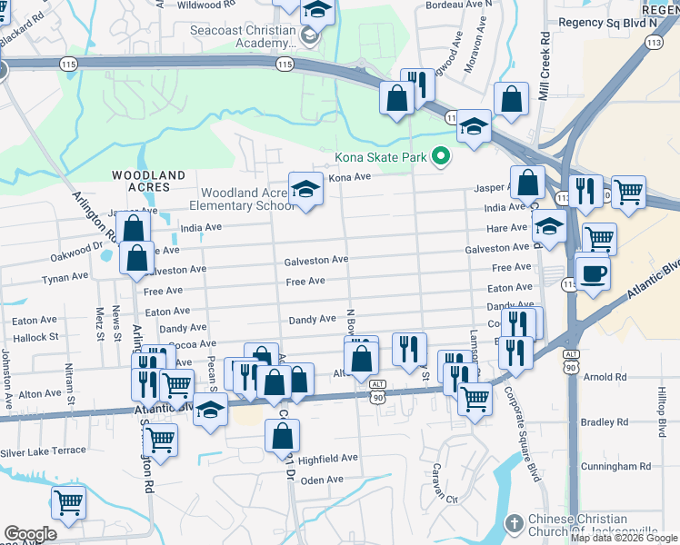 map of restaurants, bars, coffee shops, grocery stores, and more near 8326 Galveston Avenue in Jacksonville